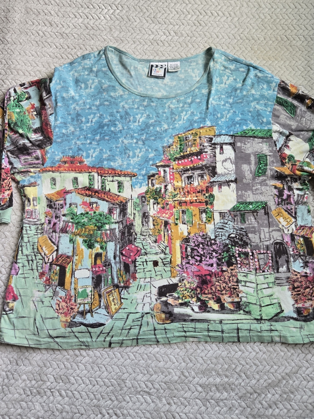 Vintage Take Two All Over Print Graphic Top European Street Scene Artsy Knit 3x